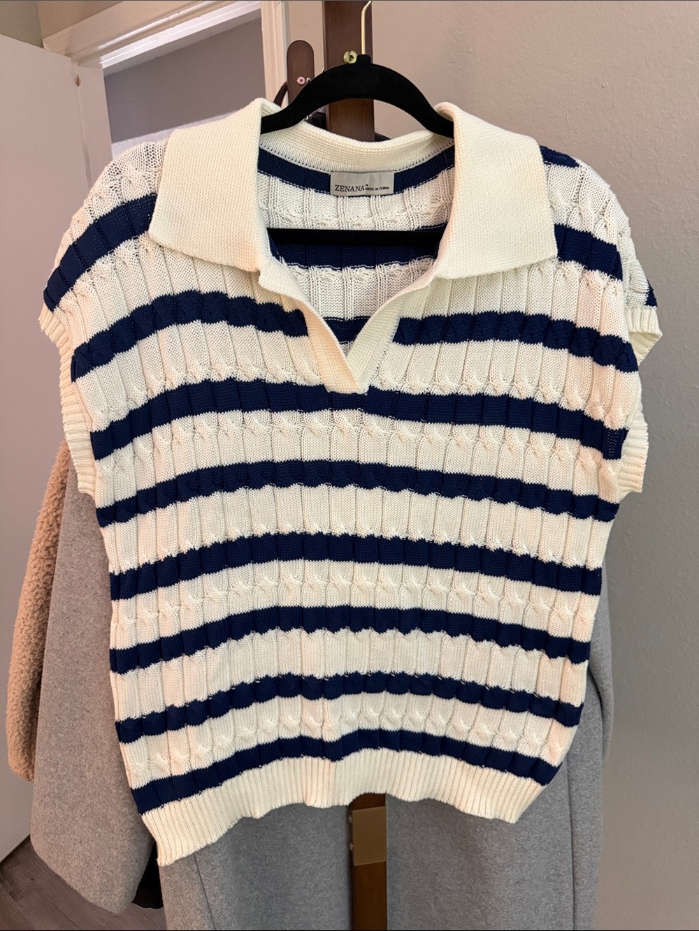 Zenana Striped Navy & Cream Knit V-Neck Polo Sweater